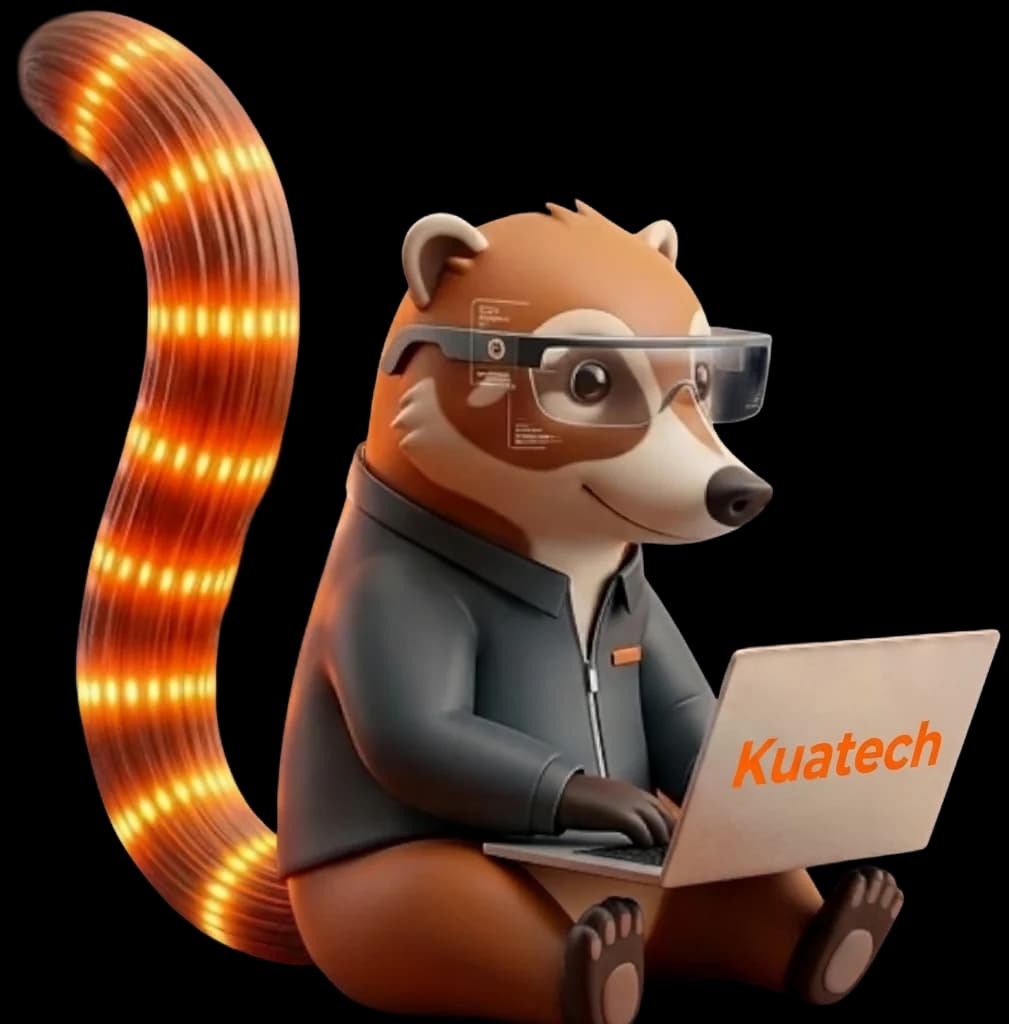 Kuati programando en su laptop Kuatech, pensando en cómo resolver un problema